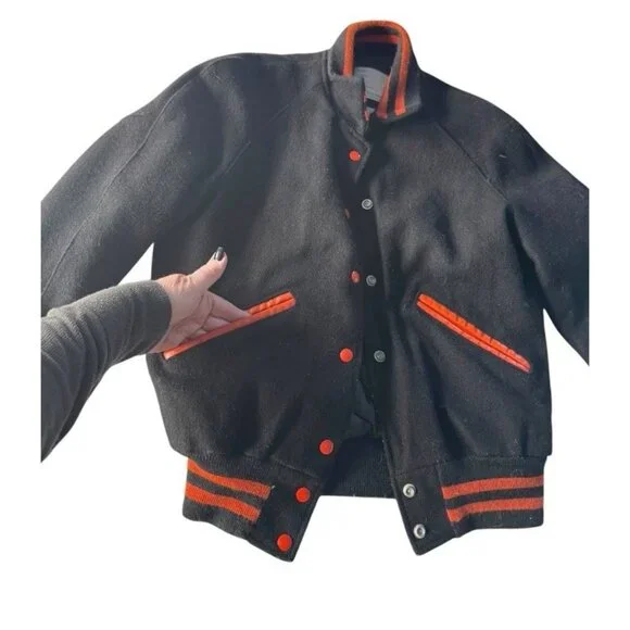 Vintage 90s DeLong Woman's Sz 36 (S) Varsity Bomber Jacket Black Orange Wool USA
